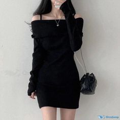 Orcajump - Off-Shoulder Knitted Dress with Sleeve, Straps and Sweater Design Off Shoulder Sweater Dress Outfit, Korean Dress Casual, Knitted Long Sleeve Dress, Sleeve Straps, Knitting Tops, Dresses Y2k, Tops Off Shoulder, Women Knitting, Sweater Dress Outfit