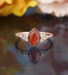 Long hexagon cut sunstone ring, marquise cut moissanite rose gold ring, vintage diamond cluster engagement ring, promise anniversary ring ◆ Center Stone Stone: 5*9mm long hexagon cut sunstone ◆ Side Stone Stone: 1.5*3mm*2 marquise cut, 1.8mm*2, 1.5mm*4, 1.2mm*2 round cut natural diamond / moissanite ◆ Dimension Band width: 1.4mm Band thickness: 1.2mm ◆ Ring Size Ring Size: Available in sizes 3 US to 9 US. However, if you need a smaller or larger size, please feel free to contact me. ◆ Gold Color Sunstone Ring Engagement, Orange Moonstone Gemstone Ring, Oregon Sunstone Engagement Ring, Orange Engagement Ring, Amber Engagement Ring, Elegant Orange Multi-stone Rings, Sunstone Engagement Ring, Sunstone Ring, Gold Ring Vintage