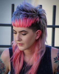 Multi Colored Dyed Hair, Vivid Color Mullet, Pink And Black Mullet, Queer Hair Color Ideas, Color Block Mullet, Colourful Mullet, Pink Arctic Fox Hair, Cyberpunk Haircut, Split Dye Mullet