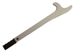 a large knife with a black handle on a white background in the shape of a wrench