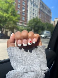 Nail Ideas Hello Kitty Simple, White French Tip Nails Hello Kitty, Plain Hello Kitty Nails, Hello Kitty Nails Natural, Coquette Nails Short Simple, Cute Acrylic Nails Y2k, Short Nail Inspo Hello Kitty, Hello Kitty Aesthetic Nails, Y2k Nails Natural