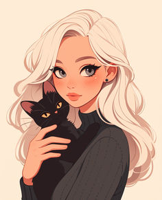 a woman with blonde hair holding a black cat