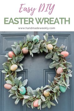 an easy diy easter wreath with painted eggs and greenery on the front door