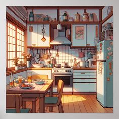 a painting of a kitchen with an oven, stove and table in the middle of it