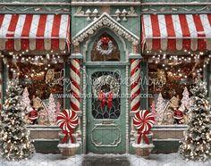 a christmas store front decorated with candy canes