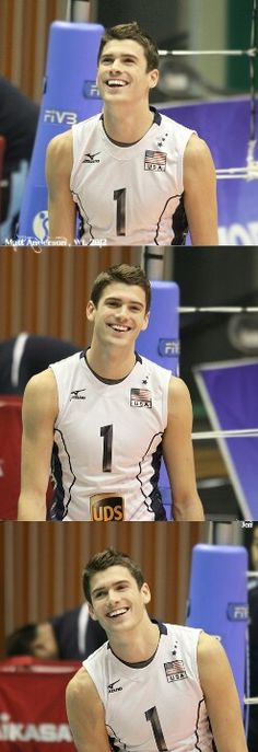 four different shots of a young man in volleyball uniforms, smiling and looking at the camera