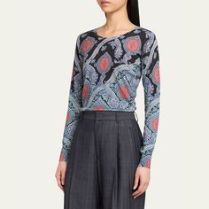 Etro printed knitwear top in an allover printed finish  Crew neckline Long sleeves Ribbed trim  Hip length  Fitted  Pullover style Silk/cashmere Dry clean Made in Italy Knitwear Tops, Hip Length, Pullover Styling, Cashmere, Trim, Knitwear, Tops Designs, Silk, Luxury Fashion