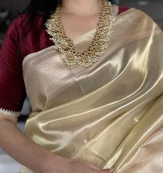 White Tissue Saree, Saree With Maroon Blouse, Golden Tissue Saree, Aesthetic Wear, Maroon Blouse, Tissue Saree, White Saree, Elegant Saree