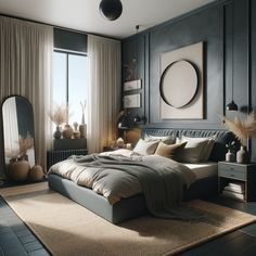 Snug, modern bedroom with dark, Industrial aesthetic. King-sized platform bed with Padded headboard, neutral pillows, Woven throw. Circular mirror on grey wall, Bedside chest with Decorative items. Contemporary black lamp, Floor-to-ceiling windows with white curtains, Delicate plants in vases. Jute rug in Slate and navy tones for Warm, welcoming atmosphere. Tiles Bedroom, Modular Bedroom, Flooring Bathroom, Bedroom Design Inspiration, Art Deco Bedroom, Bedroom Accent, Accent Wall Bedroom, Furniture Modern, Bathroom Bath