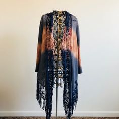 Nwt, Burnt Orange And Navy Ombr, Fun Crochet Fringe Detail, Super Light Weight, Fits More Like A Large Orange Bohemian Long Sleeve Cardigan, Bohemian Long Sleeve Orange Cardigan, Orange Long Sleeve Bohemian Cardigan, Long Sleeve Orange Bohemian Cardigan, Blue Long Sleeve Cardigan For Festival, Ombre Cardigan, Crochet Fringe, Fun Crochet, Burnt Orange