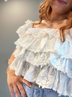 Bohemian Off-shoulder Blouse With Ruffles, Summer Lace Top With Ruffles, Bohemian Ruffled Lace Top For Summer, Bohemian Lace Top With Ruffles For Summer, Elegant Summer Ruffled Off-shoulder Top, Spring Wedding Off-shoulder Tops, Spring Bohemian Ruffled Lace Top, Spring Bohemian Lace Top With Ruffles, Bohemian Ruffled Lace Top For Spring