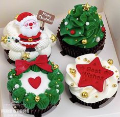 three cupcakes decorated like christmas trees and decorations