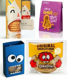 four different types of cookies and snacks in bags with eyes, nose and mouth on them