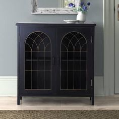 a black cabinet with two glass doors and a vase on top