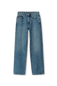 Mid-rise straight-leg jeans with invisible zip pockets at sides and classic denim pockets at back in vintage medium indigo wash. Relaxed fit. Full length. Zipper front closure. Composition: 100% cotton. Made in china. Model is 5' 11" and wears a size s. 4DC3234174473. Medium Wash Straight Hem Rigid Denim Jeans, Medium Wash Rigid Denim Jeans With Straight Hem, Dark Wash Straight Silhouette Denim Jeans, Dark Wash Straight Denim Jeans, Medium Wash Straight Hem Cropped Jeans, Dark Wash Straight Jeans With Five Pockets, Medium Wash Straight Fit Jeans With Straight Hem, Medium Wash Straight Fit Jeans, Straight Cropped Jeans In Medium Wash With Five Pockets