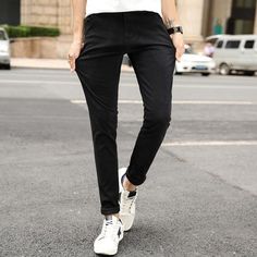 Casual Slim Stretch Pants, Trendy Fitted Slim Pants, Casual Non-stretch Slim Pants, Slim Fit Cotton Pants For Streetwear, Casual Slim Stretch Bottoms, Trendy Slim Fit Bottoms For Streetwear, Non-stretch Slim Casual Pants, Casual Slim Fit Dress Pants With Pockets, Fitted Casual Dress Pants Solid Color