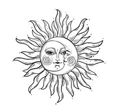 the sun with face drawn in black and white