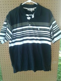 Lada Men's Polo Shirt large, shirt sleeve, black striped, buttons. Still  very good  Condition is Pre-owned. Shipped with USPS First Class Package. Black Polo Shirt With Striped Collar, Black Cotton Polo Shirt With Striped Collar, Black Casual Polo Shirt With Striped Collar, Black Casual Polo Shirt With Contrast Stripes, Casual Black Polo Shirt With Striped Collar, Casual Collared T-shirt With Contrast Stripes, Black Collared Tops With Contrast Stripes, Striped Collared Cotton T-shirt, Casual Short Sleeve Polo Shirt With Horizontal Stripes