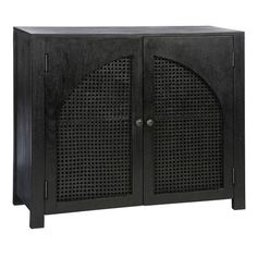 a black cabinet with two doors on one side and an arched door on the other