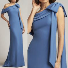 Tadashi Shoji Gown An Effortless And Elegant Crepe Gown With An Off-Shoulder Draped Sleeve And A Statement-Making Softly Sculpted Bow. Right Side Invisible Zipper. Approx. Length From High Point Shoulder To Hem Is 61" Color: Cadet Blue Size: 2 Alg18371l Blue Floor-length Maxi Dress For Banquets, Blue Floor-length Maxi Dress For Banquet, Blue Maxi Dress With Sweep Train For Banquet, Blue Pre-draped Evening Dress, Blue One-shoulder Evening Dress With Sweep Train, Elegant Blue Gown With Asymmetrical Neckline, Light Blue Floor-length Maxi Dress For Gala, Blue One-shoulder Party Gown, Elegant Blue Evening Dress With Asymmetrical Neckline