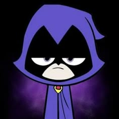 an animated cartoon character wearing a purple cape and black mask, with eyes wide open