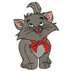 a gray cat with a red bow on its neck