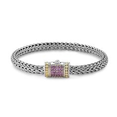 Our Sterling Silver 18k solid Gold pave bracelet, handcrafted in Bali by our skilled artisans. From our signature collection, Royal Bali™ featuring designs handcrafted using sterling silver, solid 18k gold accents and genuine gemstones. -Pink Sapphire Pave-925 Sterling Silver and 18kt Yellow Gold-Bracelet measures 7.25mm 10 meals donated to families for each Samuel B. product purchased Sterling Silver Bracelet With Pave Setting, Sterling Silver Diamond Bracelet With Pave Setting, Luxury Sterling Silver Bracelet With Pave Setting Gift, Elegant Sterling Silver Bracelets With Stone Setting, Elegant Pink Sterling Silver Bracelet, Pink Sapphire Bracelet, Elegant Pink Sapphire Bracelets, Luxury Pink Sapphire Bracelets, Luxury Pink Sapphire Fine Jewelry Bracelet