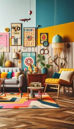 an eclectic living room with colorful accents and art on the walls, including pictures hanging on the wall