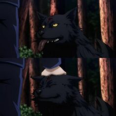 an anime scene with two wolfs in the woods and one has his mouth open