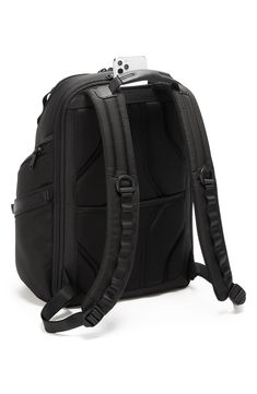 the back side of a black backpack with straps on it and an attached shoulder strap