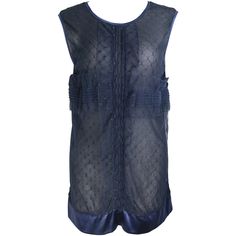 - This beautiful Chanel navy blue lace and silk sleeveless blouse top is a truly collective item. Featuring gathered and puckered front design with satin blue piping trim. See through at the back with silk tie neck closure. A glitter rhinestone "CC" logo on the left front bottom. There is no tag but we think it is a size 40 to 42. - Made in France. Blue Lace Blouse, Vintage Designer Fashion, Navy Chanel, Silk Sleeveless Top, Navy Blue Blouse, Blouse Silk, Lace Silk, Navy Lace, Yohji Yamamoto