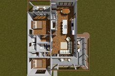 an overhead view of a two story house with living room and dining area on the second floor