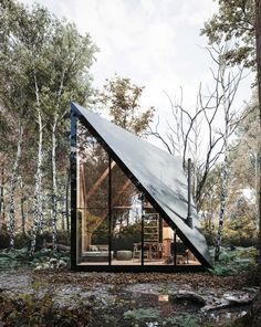 a triangular shaped house in the woods with glass walls and windows on each side, surrounded by trees