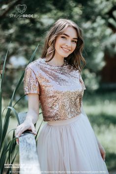 Rose Gold Sequin top with Silk Satin Soft Lux Lining | Etsy Short Sleeve Sequin Crop Top For Party, Rose Gold Sequin Top, Different Bridesmaid Dresses, Engagement Roses, Pink Sequin Top, Bridesmaid Separates, Sequined Blouse, Sweet Sixteen Dresses, Small Weddings Ceremony