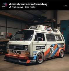 an old vw bus is parked in a garage with the words, dubstraband and refremedvag on it