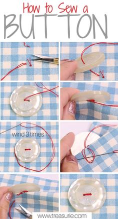 instructions for how to sew a button on a glass plate with thread and scissors