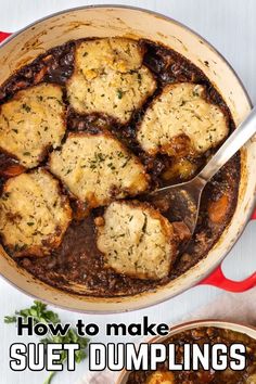 how to make suet dumplings in a dutch oven with text overlay that reads, how to make suet dumplings