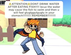 an animated image of a man on a skateboard in front of a sign that says attention don't drink water after eating fish, but the water may cause the fish to swim and then