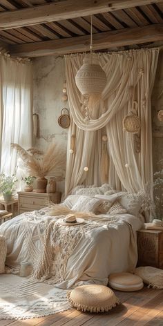 a bed room with a neatly made bed and lots of pillows