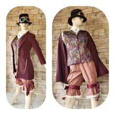 Women's Steampunk, 18th century or Mad Hatter costume . Includes Burgundy coat from the 80s, jacket has shoulder pads ,2 pockets and buttons up in front . Vest is 70s era by chateau ,the vest  closes with 4 gold buttons. Floral print in burgundy ,purple ,gold, Peach and Olive green.   Bloomers are hand made by me .they're striped in peach and burgundy and are made of linen.  Hat and tie are not included  Fits best size XS or S  See measurement on photos please  Size small (4 - 8 ) Hatter Costume, Burgundy Coat, Mad Hatter Costume, Easy Diy Costumes, 18th Century Costume, Long Sleeve Wedding Gowns, 80s Jacket, 70s Era, Steampunk Costume