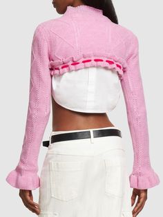 Pull on. Ribbed collar, cuffs and hem. Ribbon insert. Model is wearing a size38 Spring Fitted Sweater With Ribbed Collar, Fitted Pink Pointelle Knit Sweater, Pink Fitted Pointelle Knit Sweater, Knit Bolero, Fashion Tv, Wool Knit, Flat Espadrilles, Swim Accessories, Shearling Jacket