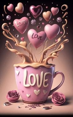 a pink coffee cup filled with lots of hearts and love on top of each other