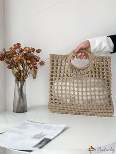 BirdinBag - Large Capacity Hollow Out Knitted Handbag: Ideal for School, College, and Travel Casual Square Straw Bag With Crochet, Casual Everyday Yarn Shoulder Bag, Casual Square Crochet Straw Bag, Casual Yarn Shoulder Bag For Daily Use, Casual Beige Crochet Yarn Bag, 2nd Baby, Crochet Bags, School College, Color Khaki