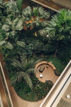 an aerial view of the inside of a building with trees and plants on it's sides