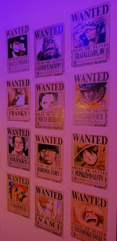 a bunch of wanted posters hanging on a wall in a room with purple lighting behind them