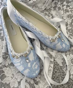 Size: 8 ready to ship as shown in picture White shoes/Blue lace If, you need other sizes please follow link below: https://www.etsy.com/listing/1078914054/brides-blue-lace-ballerina-shoes-ivory? Stunning Style, for those brides whose gown has silver accents Trims:  embroidered venice lace, pearls, crystals, rhinestones, Super elegant fit for a princess!! I only have lace for 8 pairs. SHOES COLORS: Off-White, WHITE,  Or IVORY  Overlaid Lace: Blue as pictured. (Please Note: These are NOT Professio Cinderella Ballet Shoes, Luxury Blue Plain Toe Lace-up Shoes, Something Blue Bottom Of Shoes Pen, Flat Wedding Shoes Light Blue, Lace Beaded Shoes, Luxury Blue Lace-up Formal Shoes, Something Blue Shoes, Ciel Black Butler, Lace With Pearls