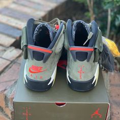 Travis Scott X Air Jordan 6 Retro Sneakers Size 10 | Men's | Olive Green High-top Jordan Shoes With Boost Midsole For Outdoor, Outdoor High-top Jordan Shoes With Boost Midsole, Green Sporty Sneakers With Red Sole, Sporty Green Sneakers With Red Sole, Green Sneakers With Red Sole For Sports, Modern Low-top Custom Sneakers For Outdoor, Outdoor Sneakers With Red Sole And Round Toe, Outdoor Lace-up Jordan Shoes, Modern Lace-up Custom Sneakers For Outdoor