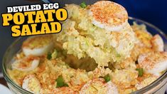 deviled egg potato salad in a glass bowl