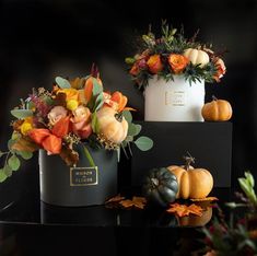 two black boxes filled with flowers and pumpkins on top of a table next to each other