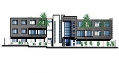 two story building with palm trees on the top and bottom floors, in front of a white background